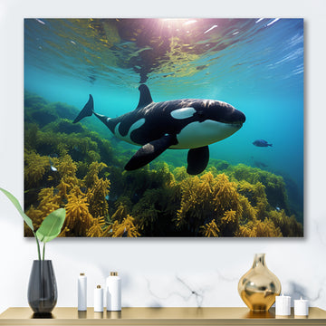 Teal Black Marine Animals Majestic Orcas - Marine Animals Home Decor Art